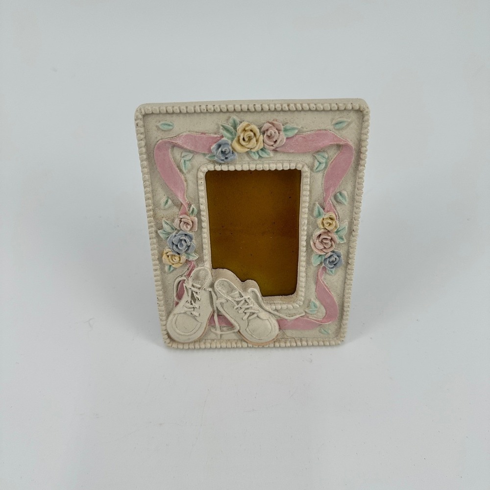 Vintage Style Resin Baby Picture Frame Pastel Floral Roses Shoes Cream 3.5x4.5